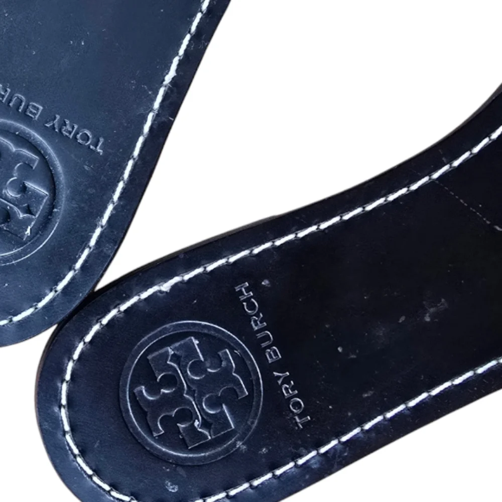 Tory Burch Black Patent Slide Sandals with Silver Logo Medallions